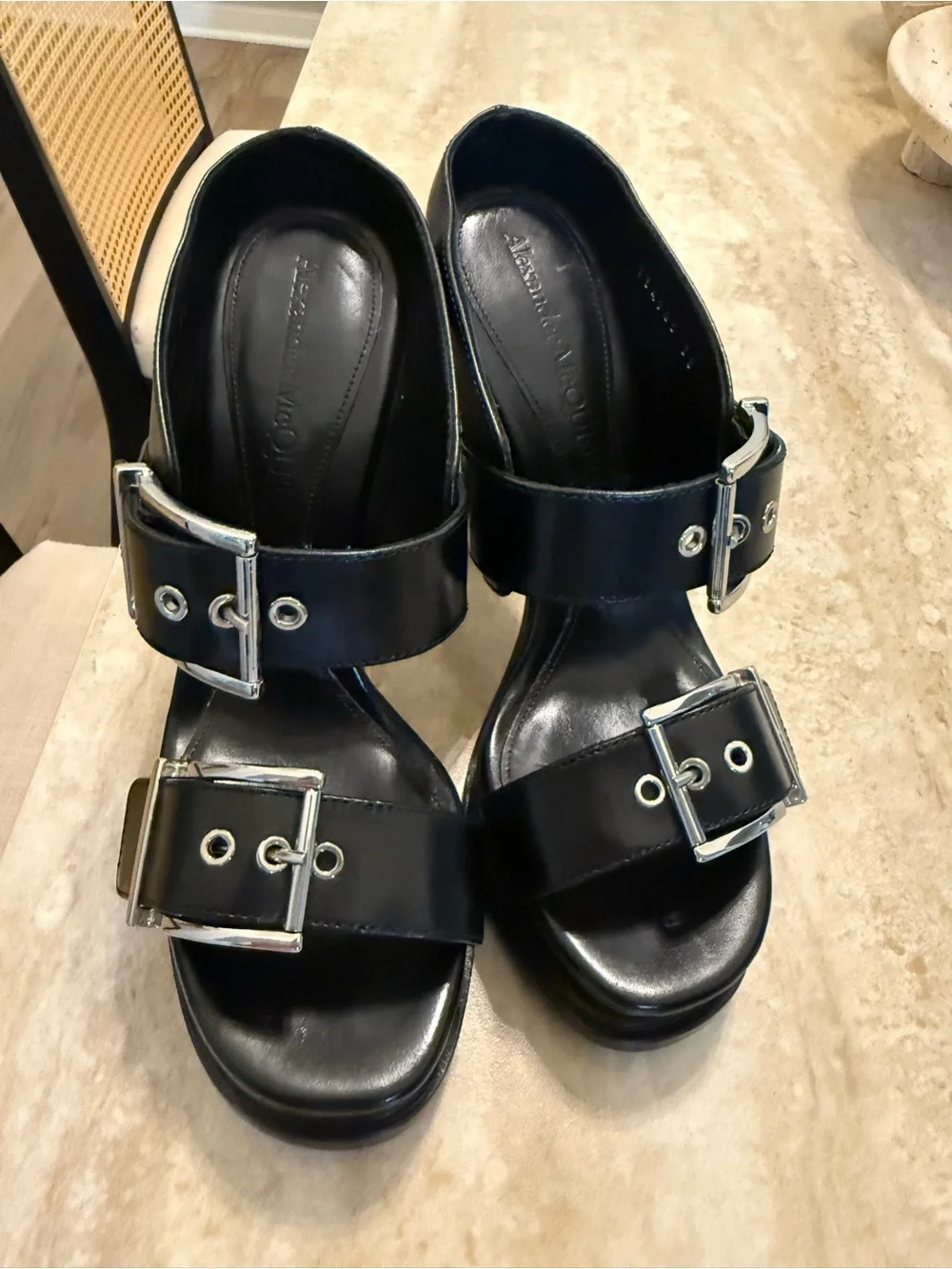 Alexander McQueen Black Leather Platform Buckle Heels